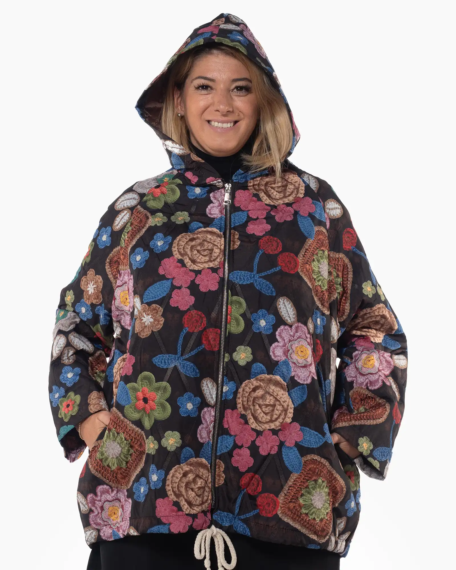 Geacă urbană multicoloră cu imprimeu artistic și croială amplă kimono [3]