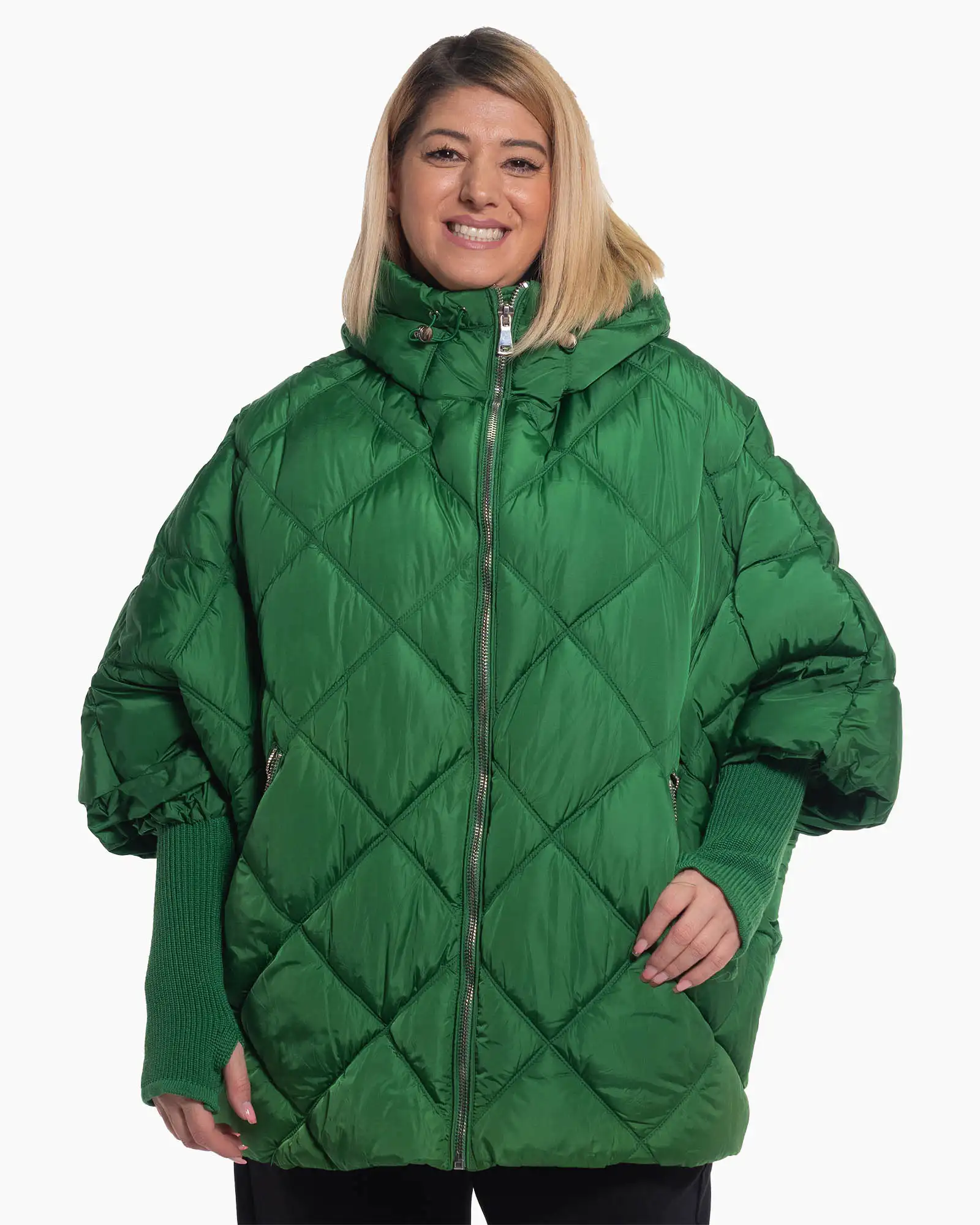 Geacă verde lungă, matlasată în romburi, cu manșete funcționale și design casual [4]