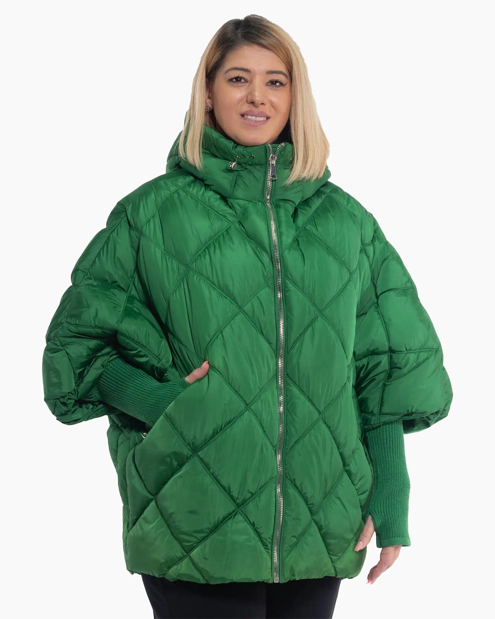 Geacă verde lungă, matlasată în romburi, cu manșete funcționale și design casual [3]