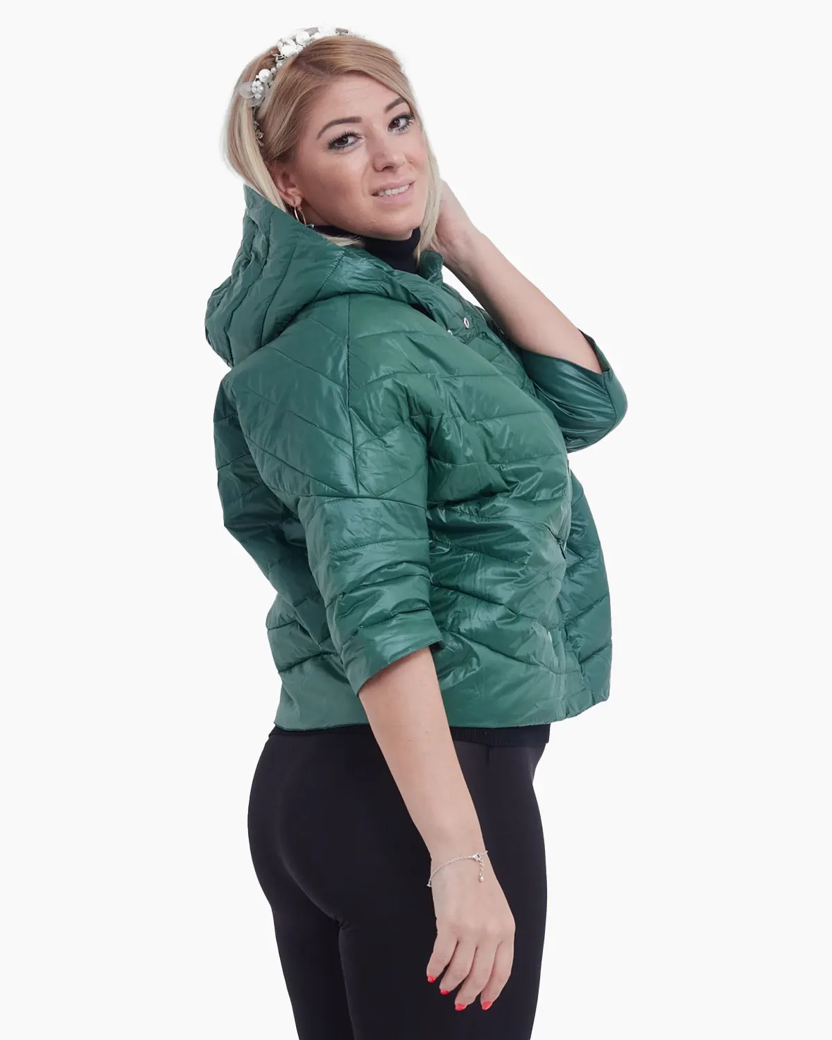 Geaca verde oversize cu gluga si inchidere cu capse [2]