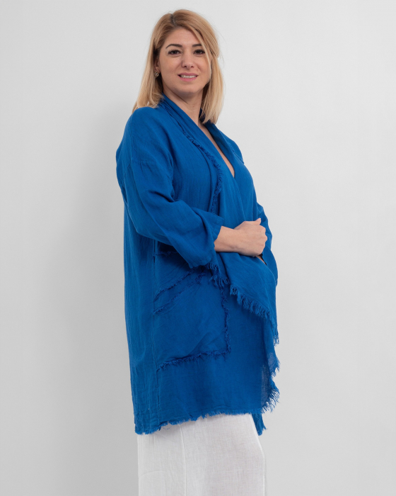 Jacheta albastra oversized din in, asimetrica cu margini franjurate [3]