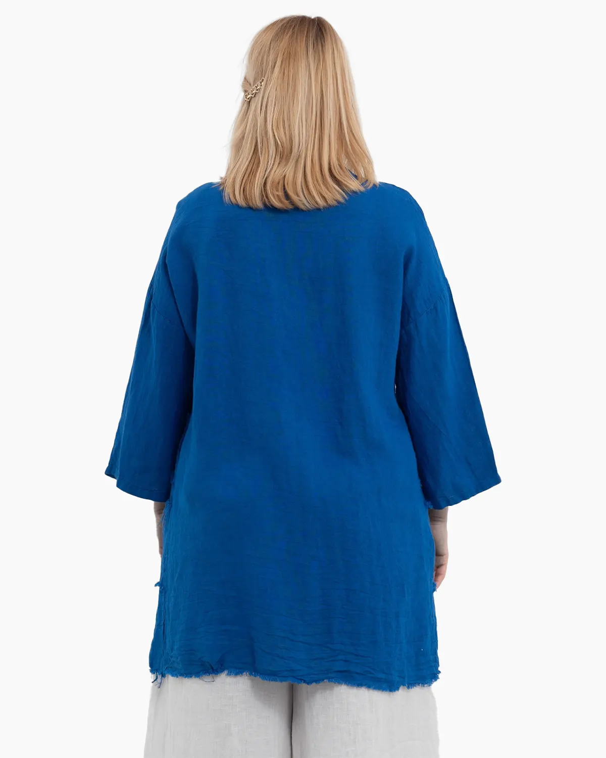 Jacheta albastra oversized din in, asimetrica cu margini franjurate [2]