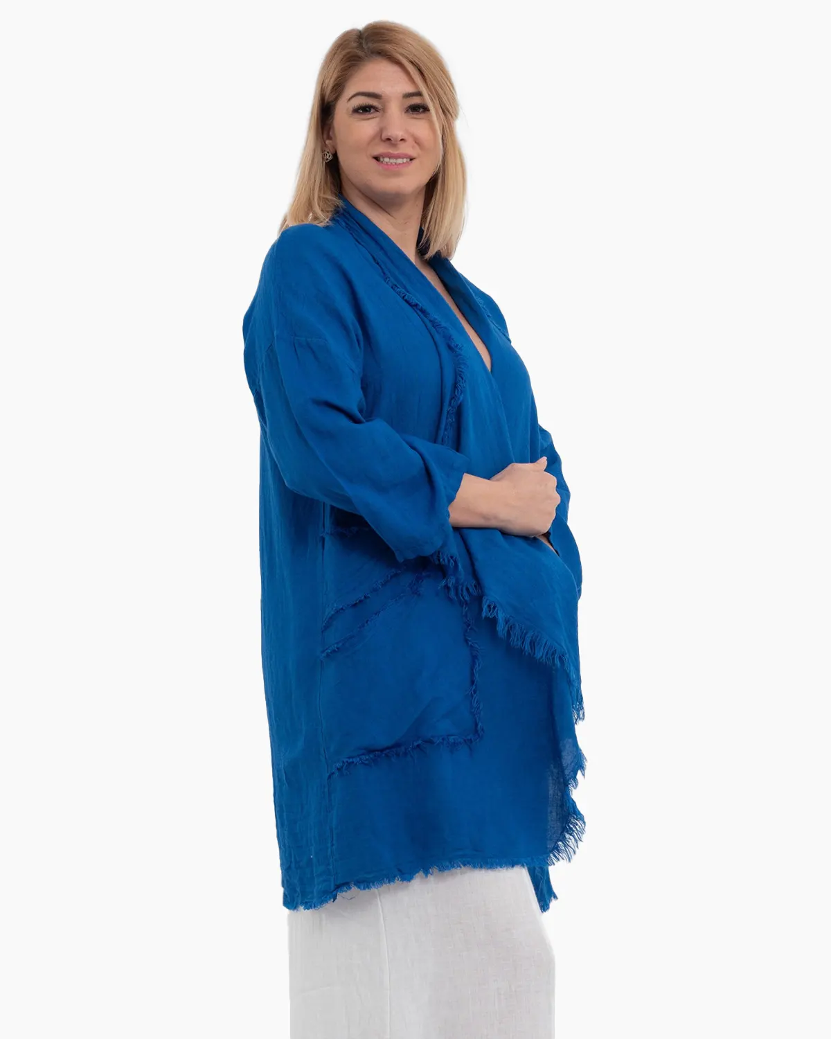 Jacheta albastra oversized din in, asimetrica cu margini franjurate [3]