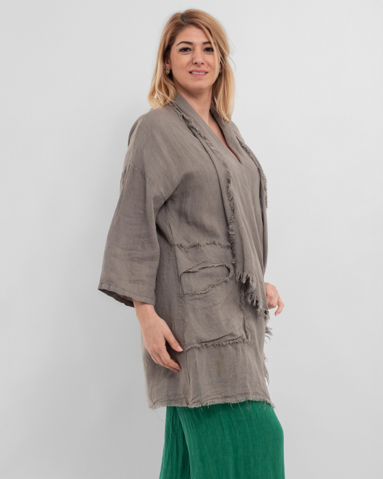 Jacheta bej oversized din in, asimetrica cu margini franjurate [3]