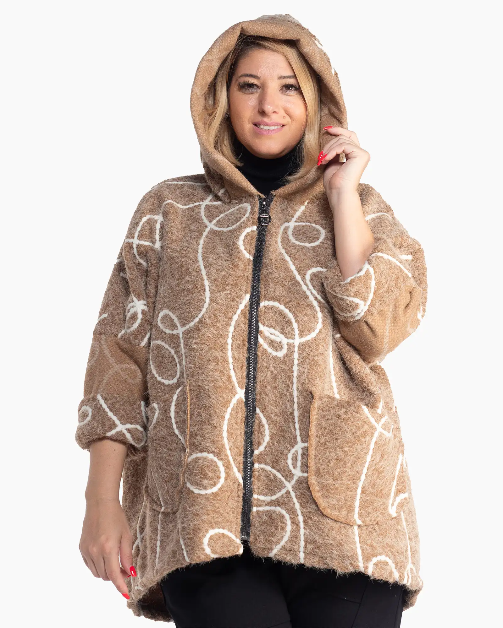 Jachetă cappuccino oversize cu imprimeu artistic și croială lejeră [3]