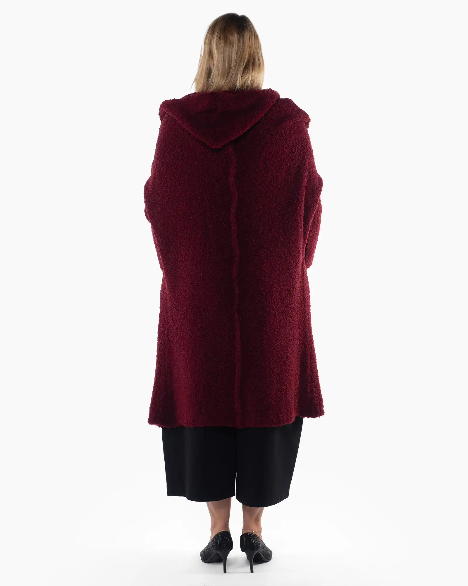 Jachetă cardigan grena lungă din tricot pufos, cu design lejer și glugă [2]