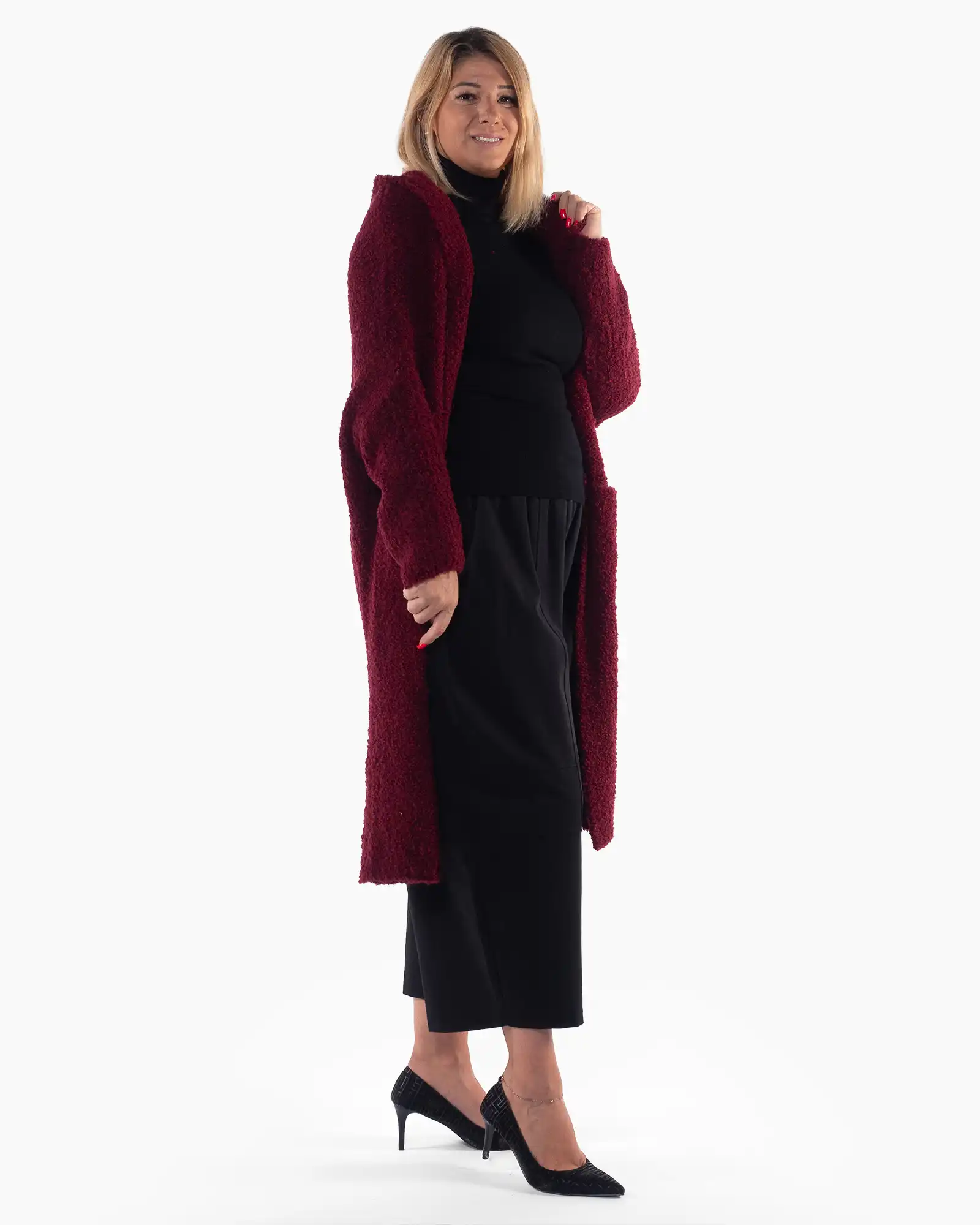 Jachetă cardigan grena lungă din tricot pufos, cu design lejer și glugă [3]