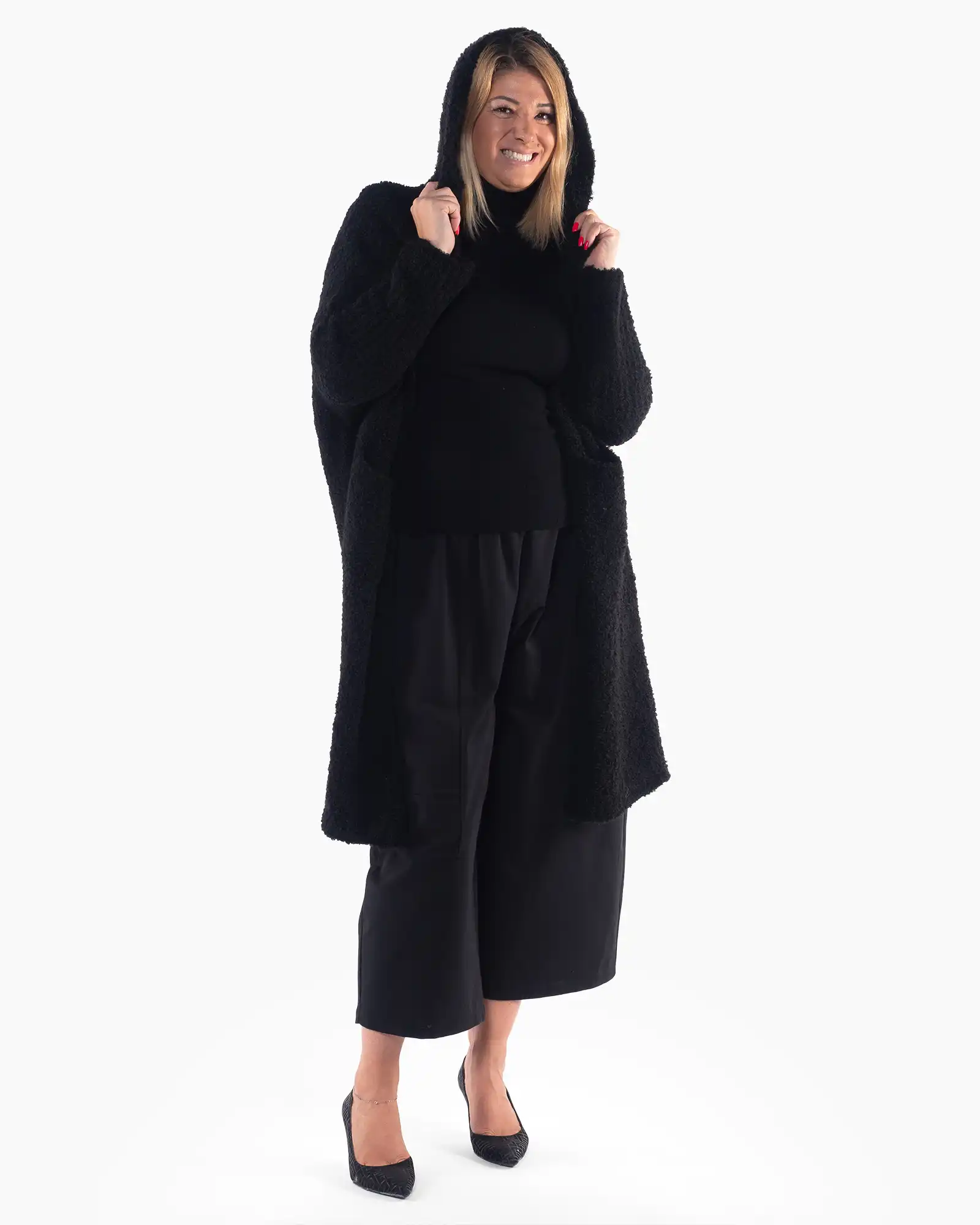 Jachetă cardigan neagră lungă din tricot bucle cu glugă [4]