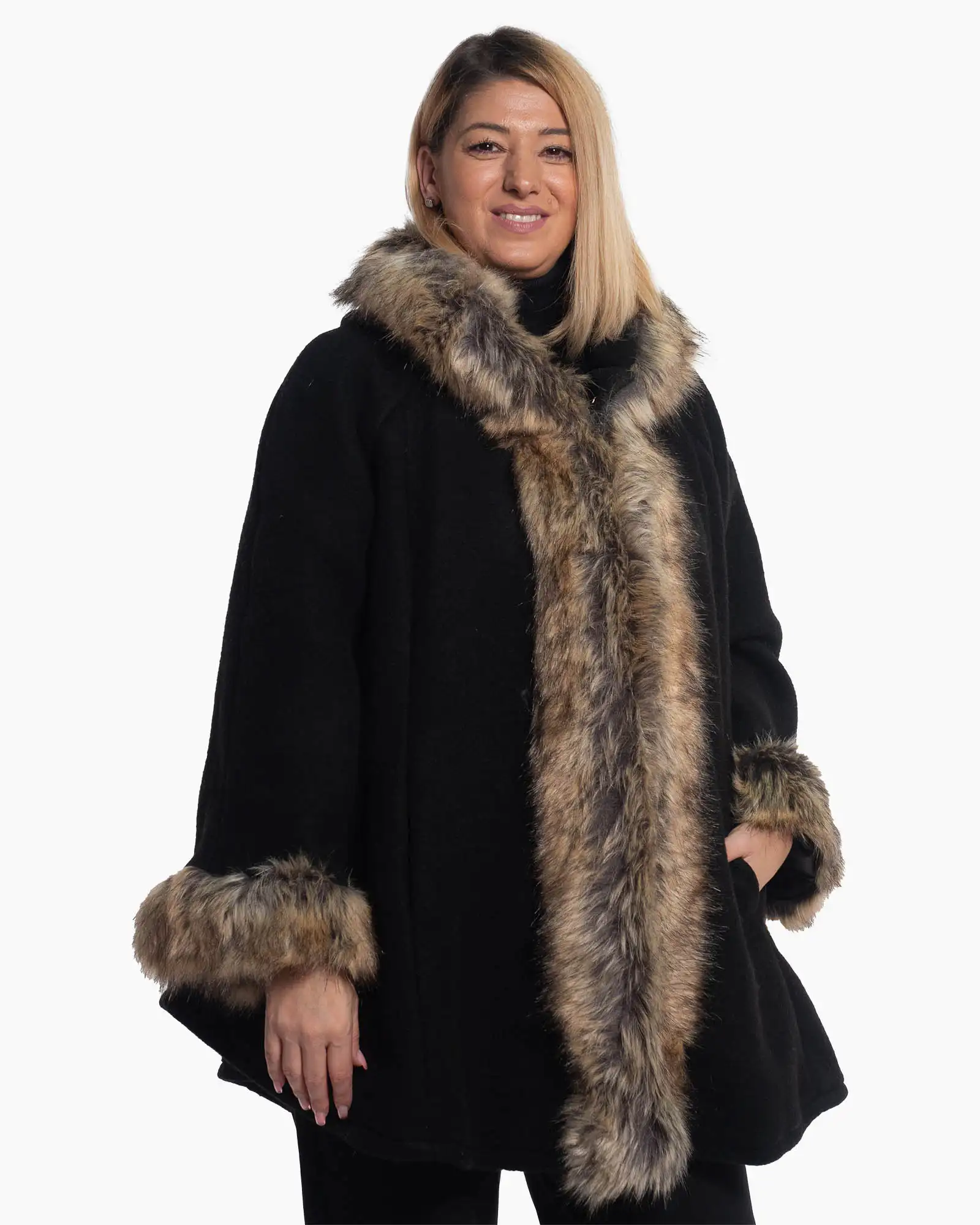 Jachetă casual neagră cu detalii de blană și croială fluidă [3]