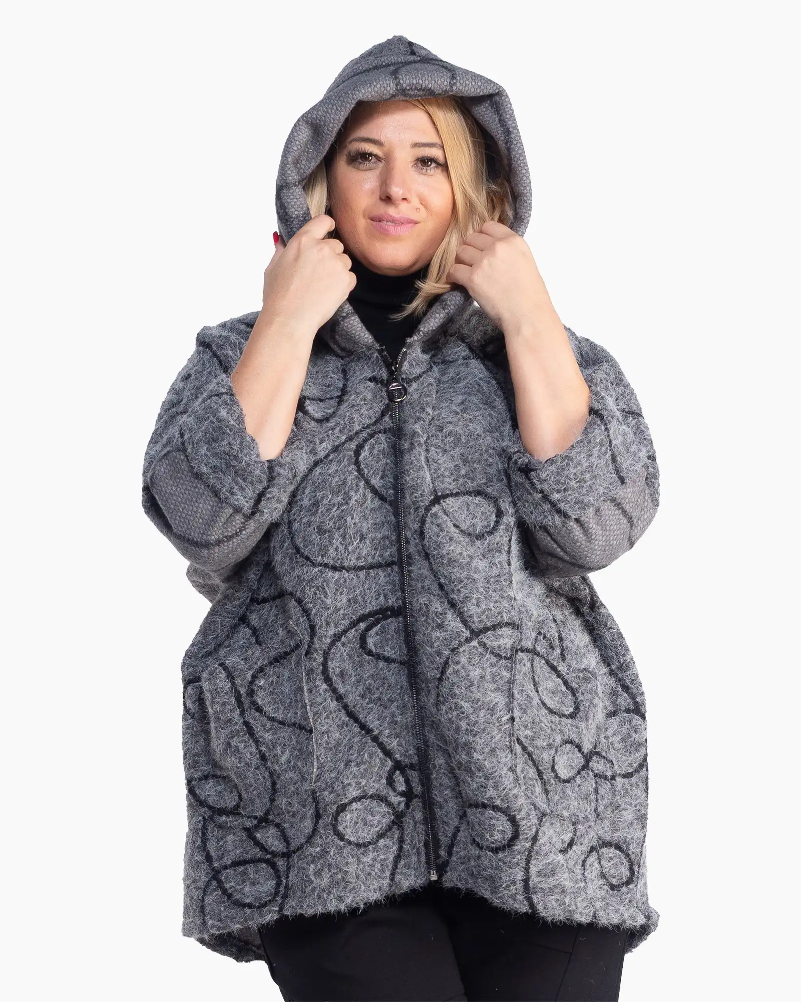 Jachetă casual oversize gri cu imprimeu artistic și glugă [3]