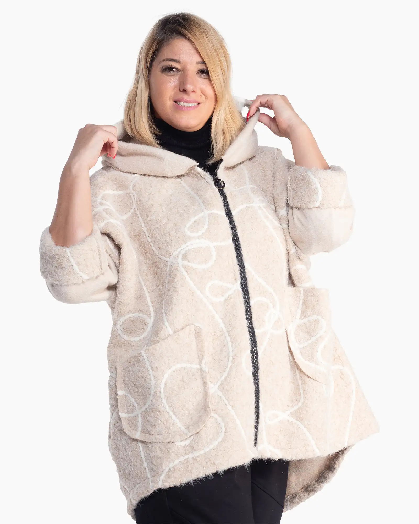 Jachetă crem oversize cu imprimeu artistic și croială fluidă [4]