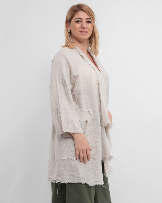 Jacheta crem oversized din in, asimetrica cu margini franjurate [3]