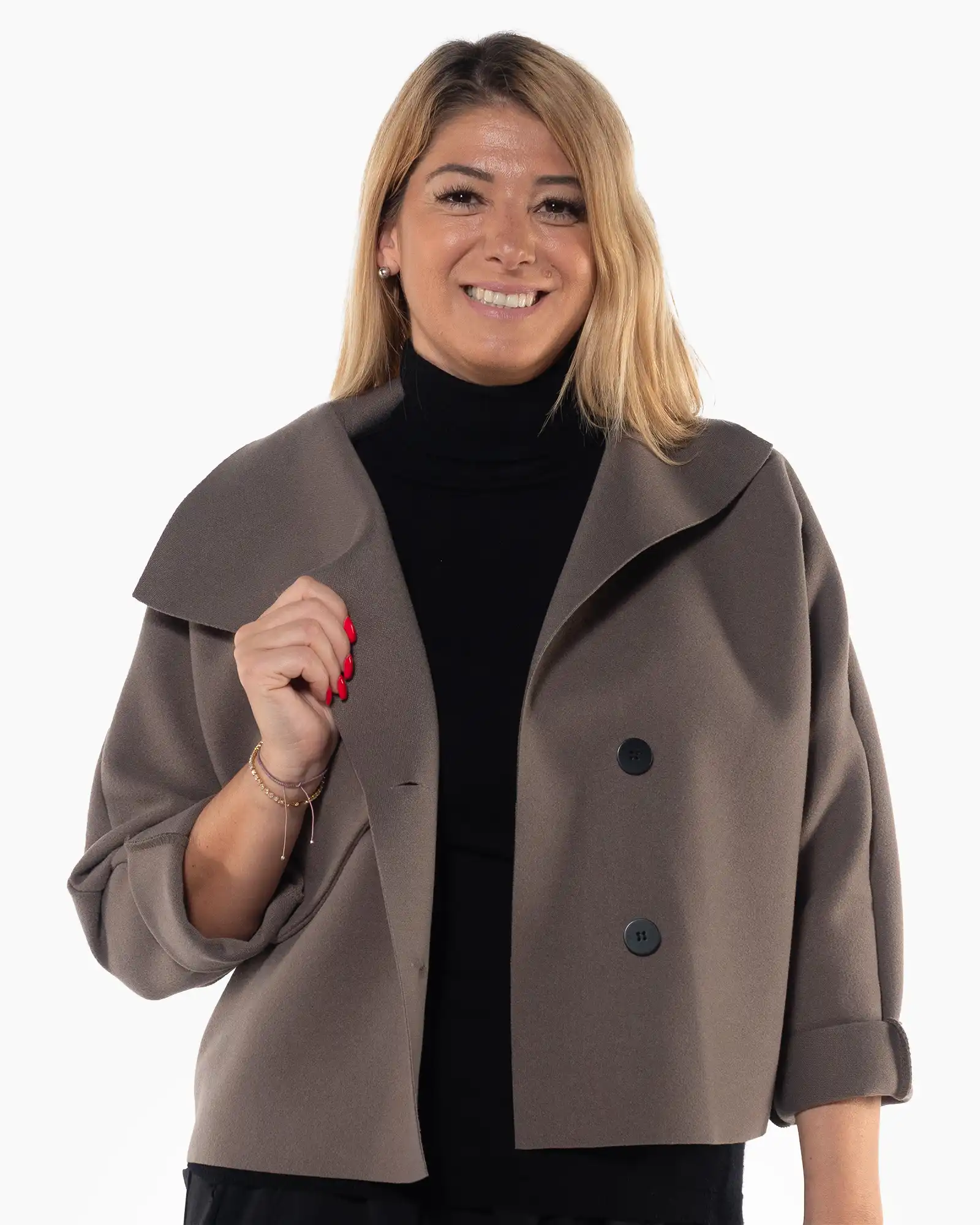 Jachetă elegantă bej-fango cu guler șal și croială amplă [4]