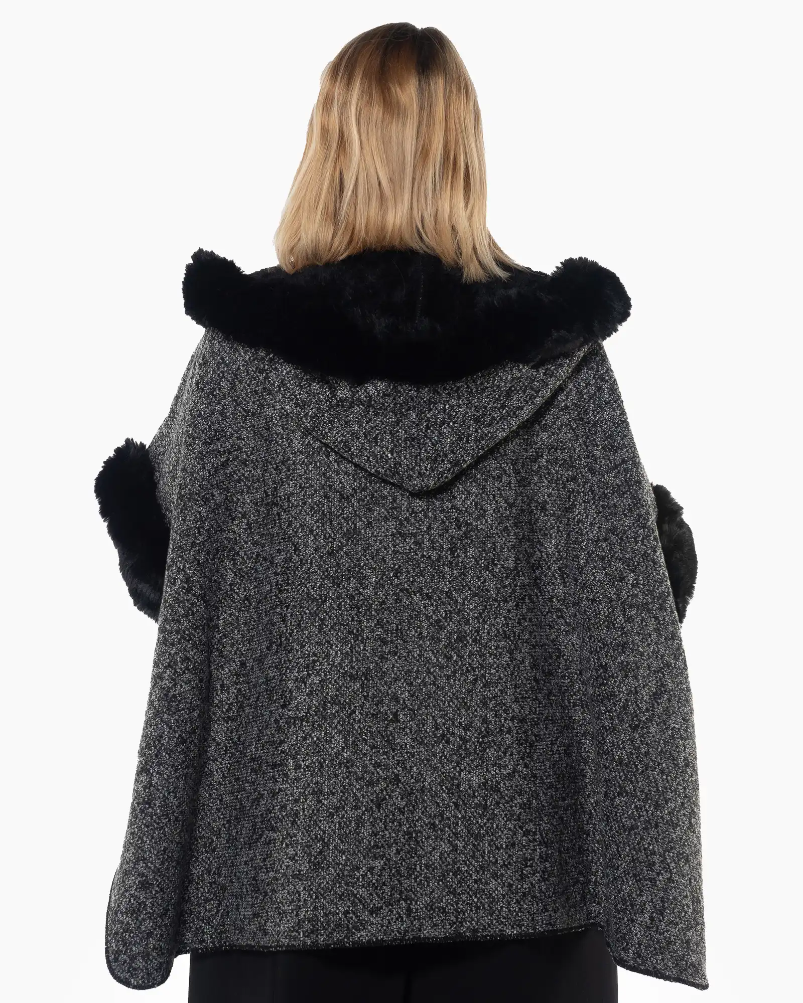Jachetă elegantă gri tip poncho cu design amplu și blană decorativă [2]