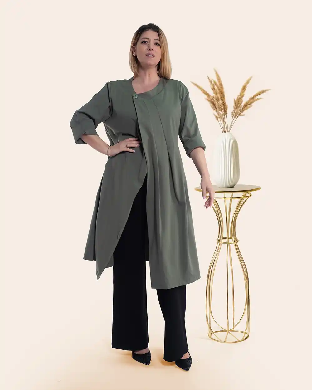 Jachetă elegantă kaki din bumbac stil palton design petrecut [2]