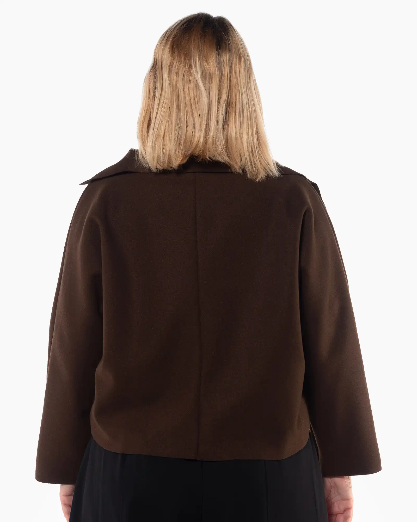 Jachetă elegantă maro crop cu guler șal și design amplu [2]