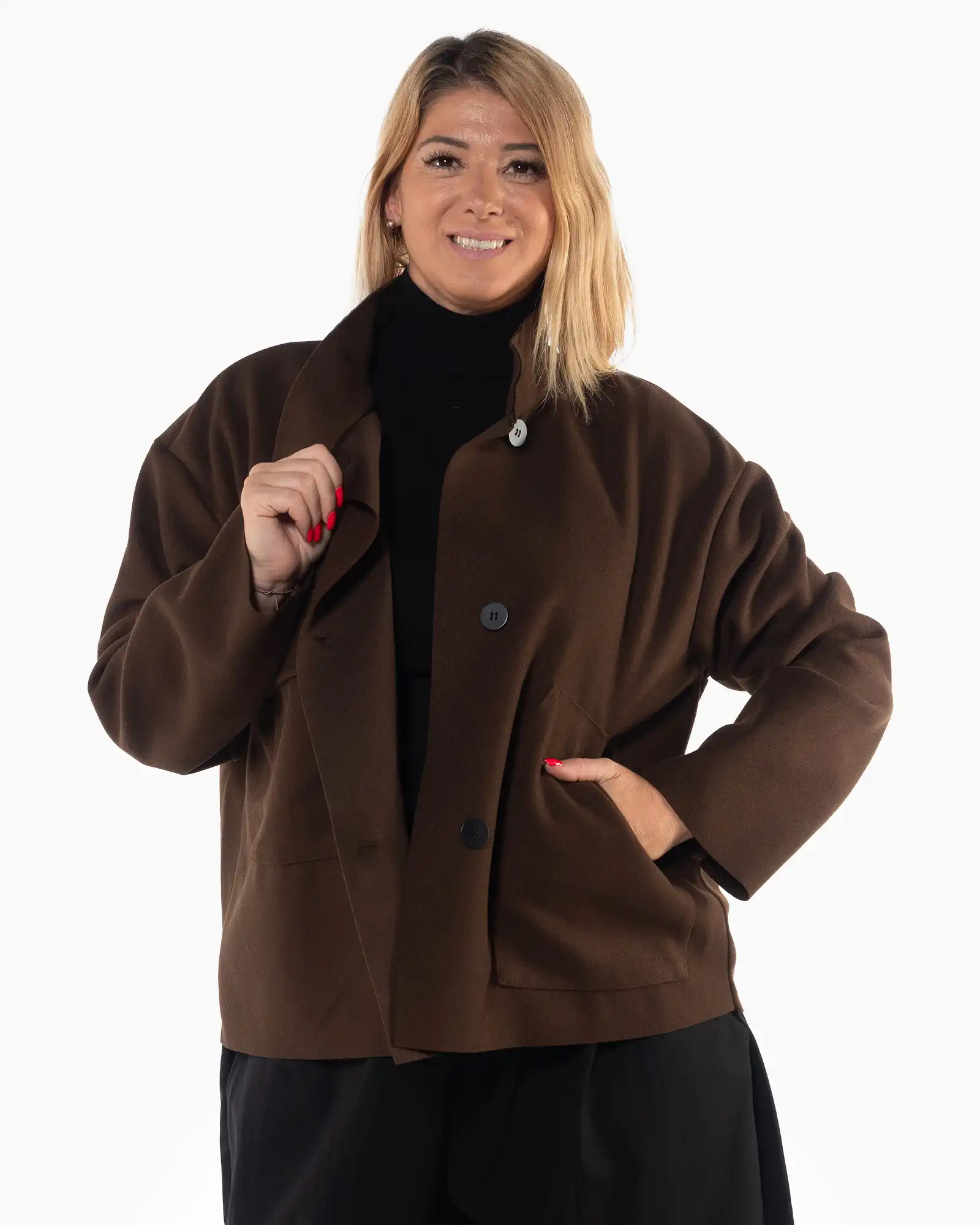 Jachetă elegantă maro cu croială lejeră și mâneci dolman [3]