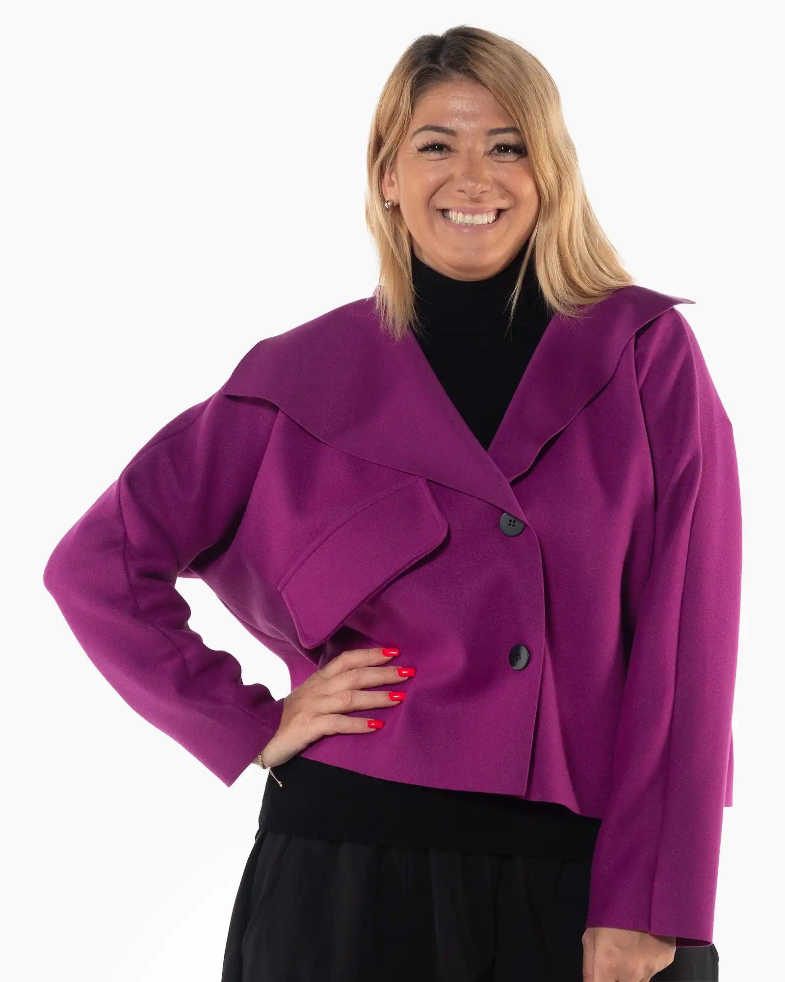 Jachetă elegantă mov cu design crop și guler șal [1]