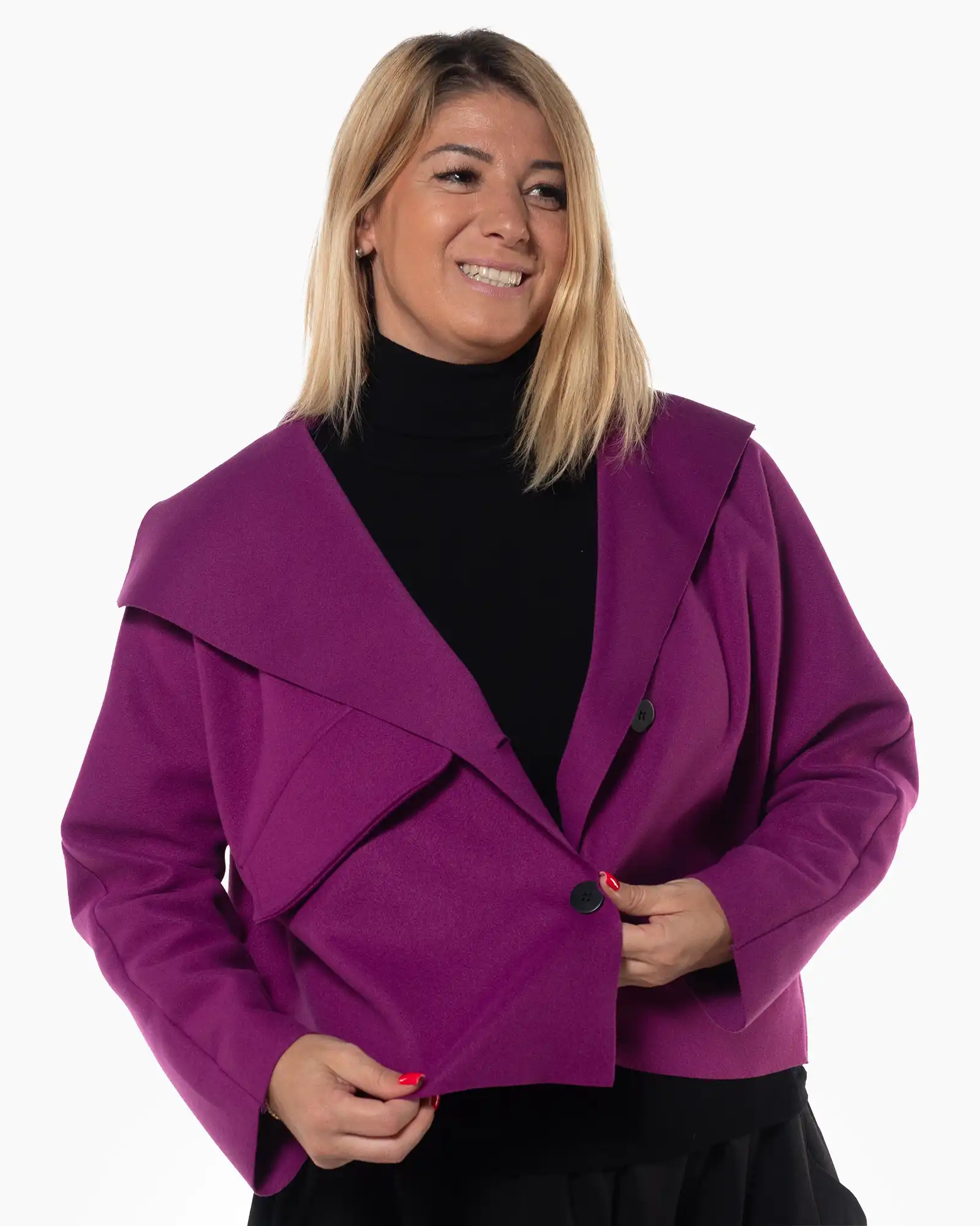 Jachetă elegantă mov cu design crop și guler șal [3]