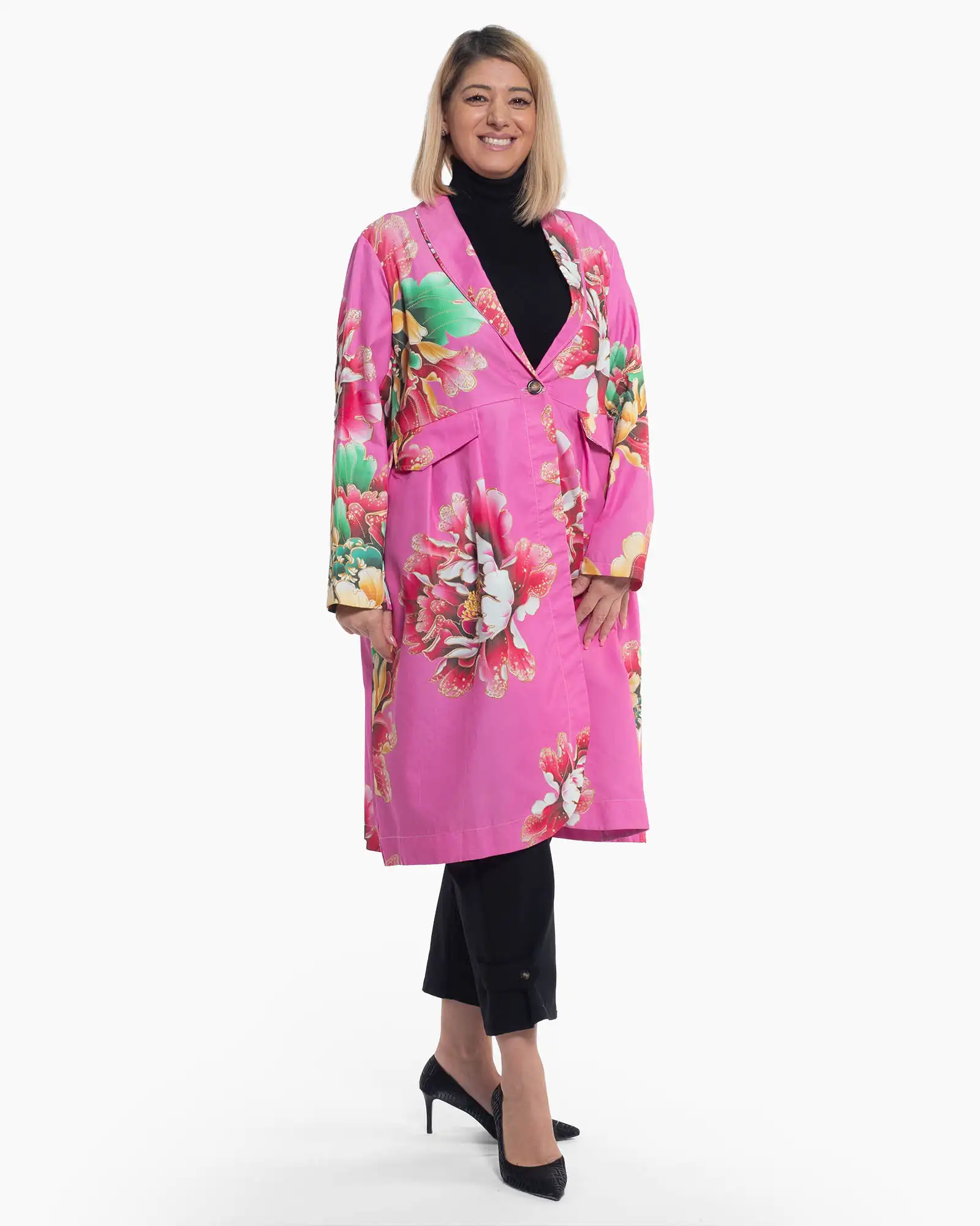 Jachetă fucsia lungă stil palton, cu linie fluidă și imprimeu artistic boho [3]