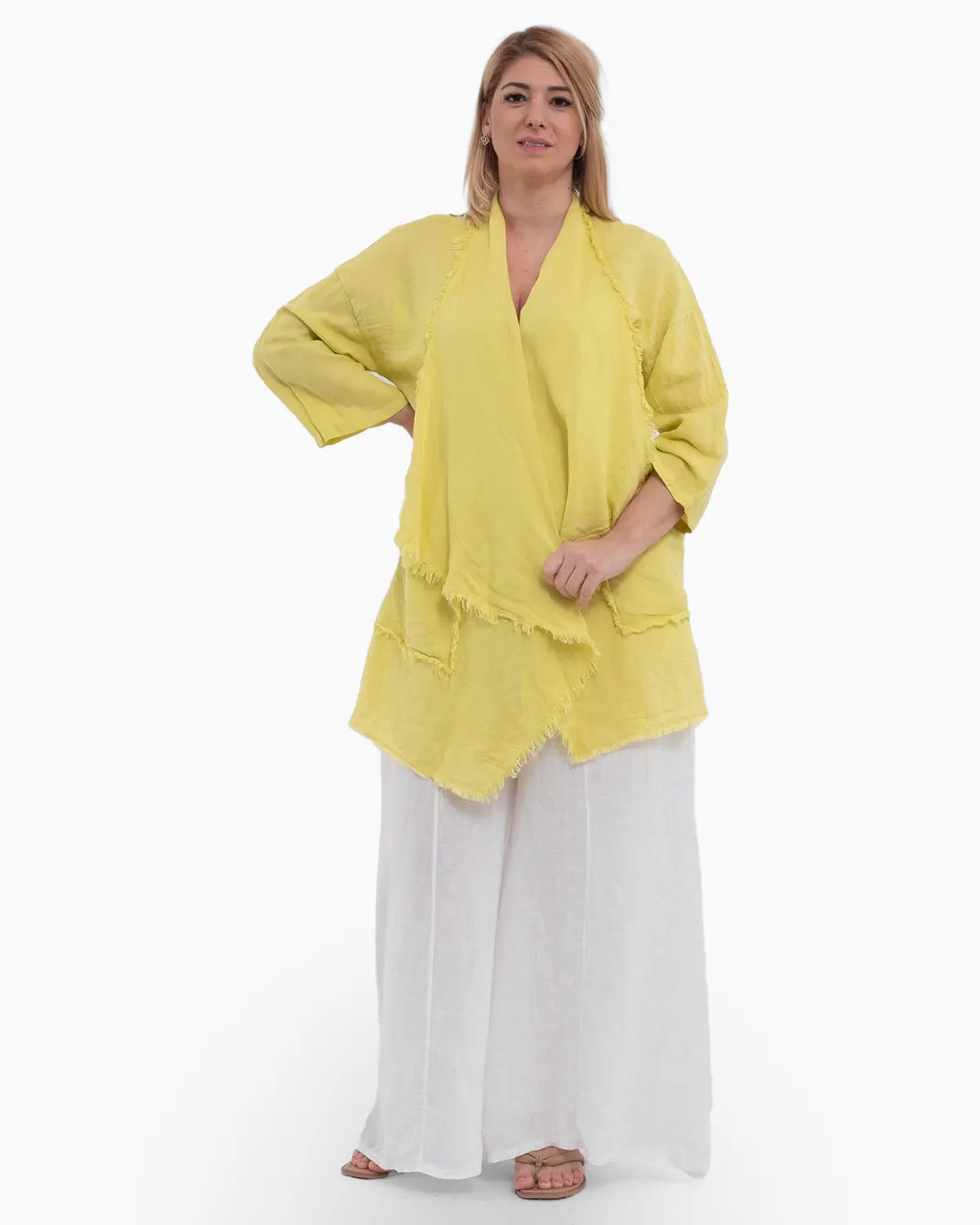 Jacheta galbena oversized din in, asimetrica cu margini franjurate [3]