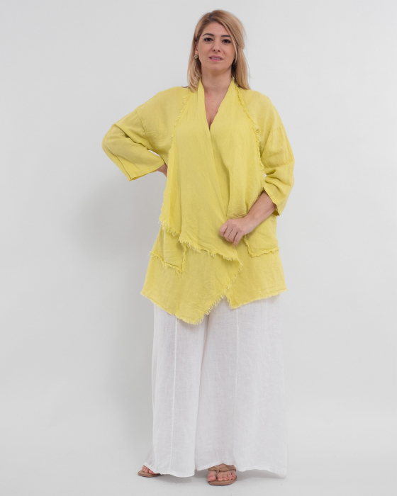 Jacheta galbena oversized din in, asimetrica cu margini franjurate [3]