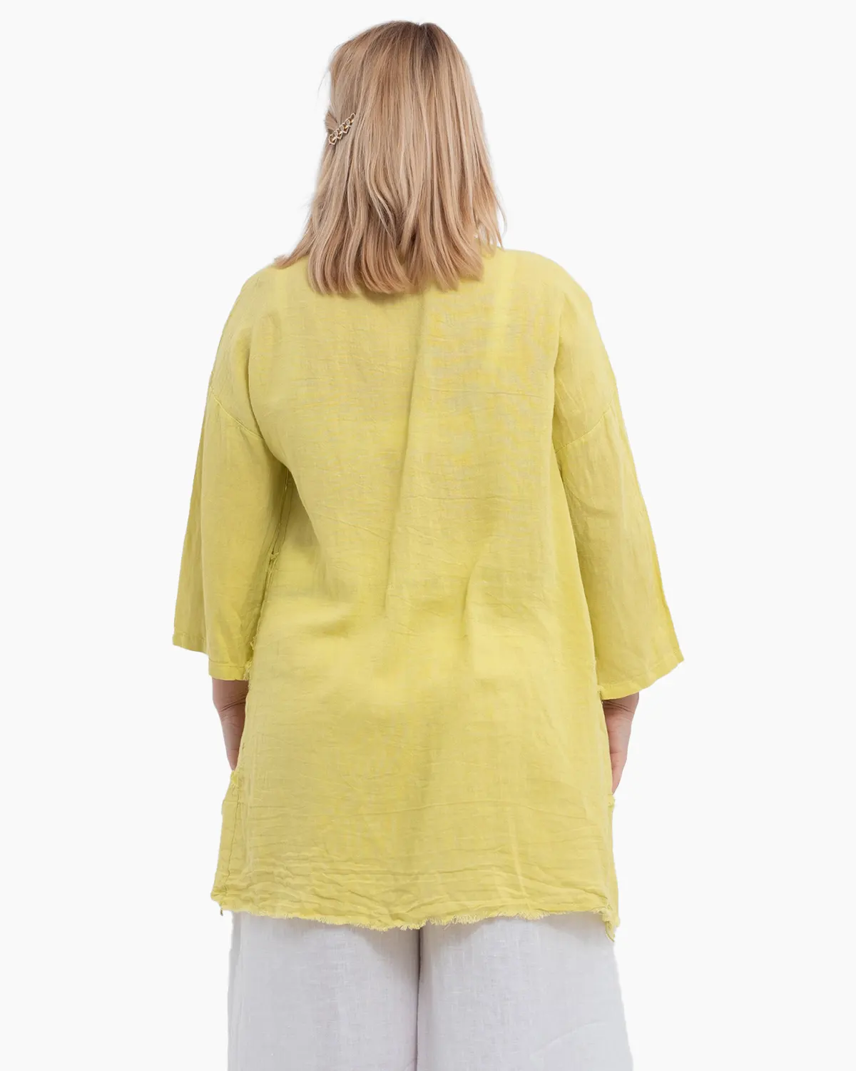Jacheta galbena oversized din in, asimetrica cu margini franjurate [2]