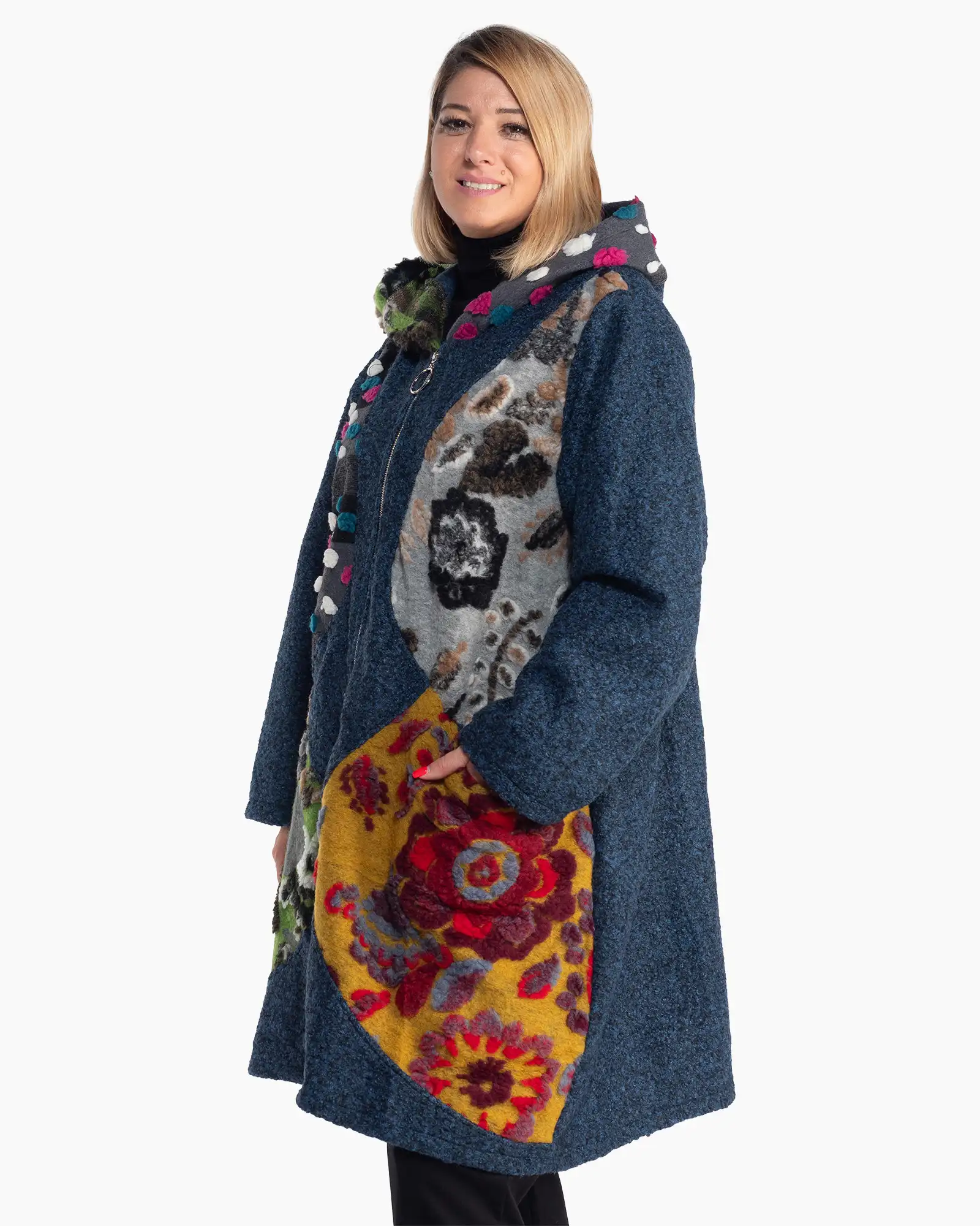 Jachetă lejeră albastră din lână buclată în stil patchwork artistic [4]
