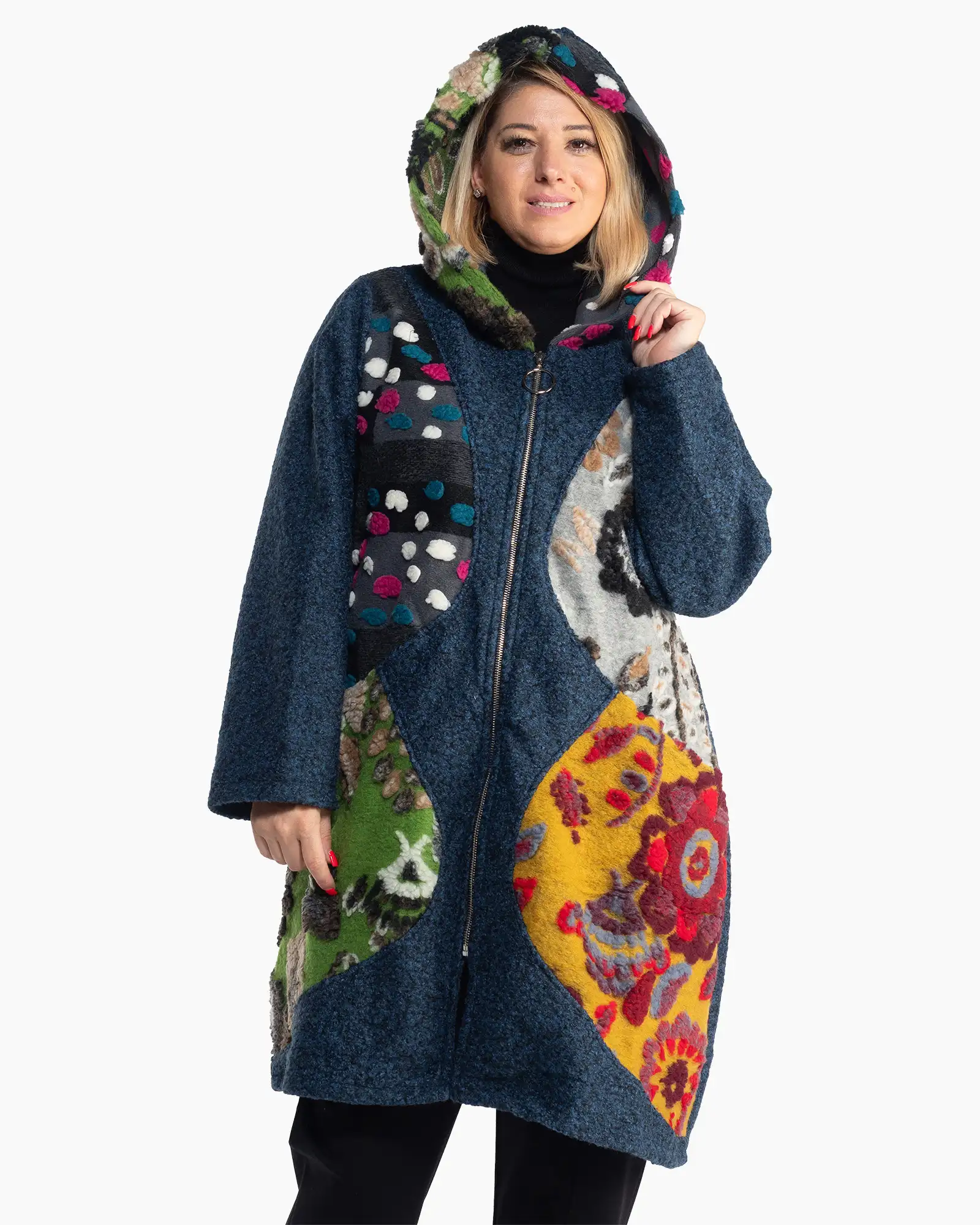 Jachetă lejeră albastră din lână buclată în stil patchwork artistic [3]
