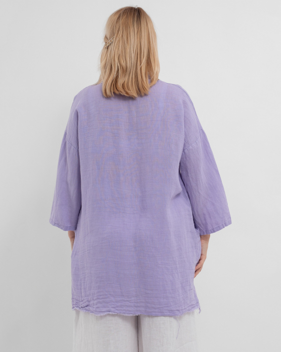 Jacheta lila oversized din in, asimetrica cu margini franjurate [3]