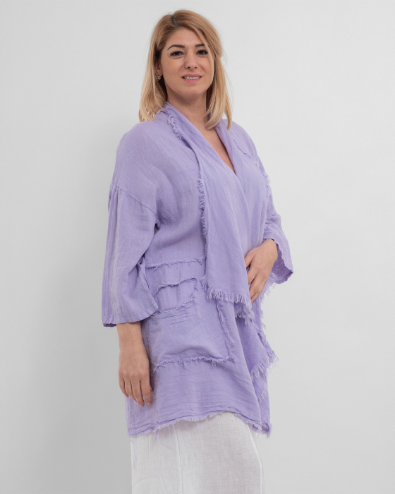 Jacheta lila oversized din in, asimetrica cu margini franjurate [2]