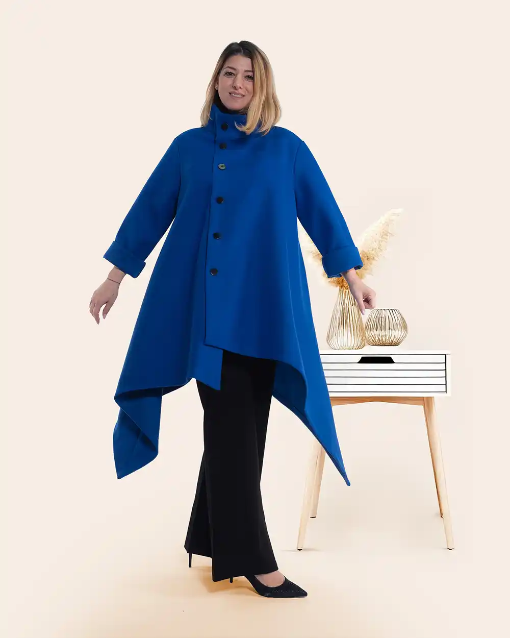 Jachetă palton casual chic albastru regal asimetric [3]