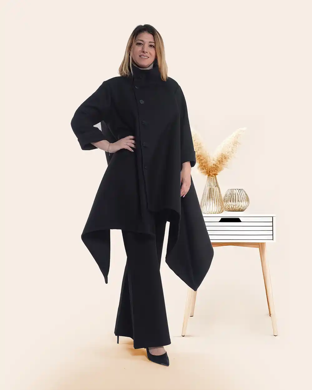 Jachetă palton casual chic neagră cu un design asimetric [3]