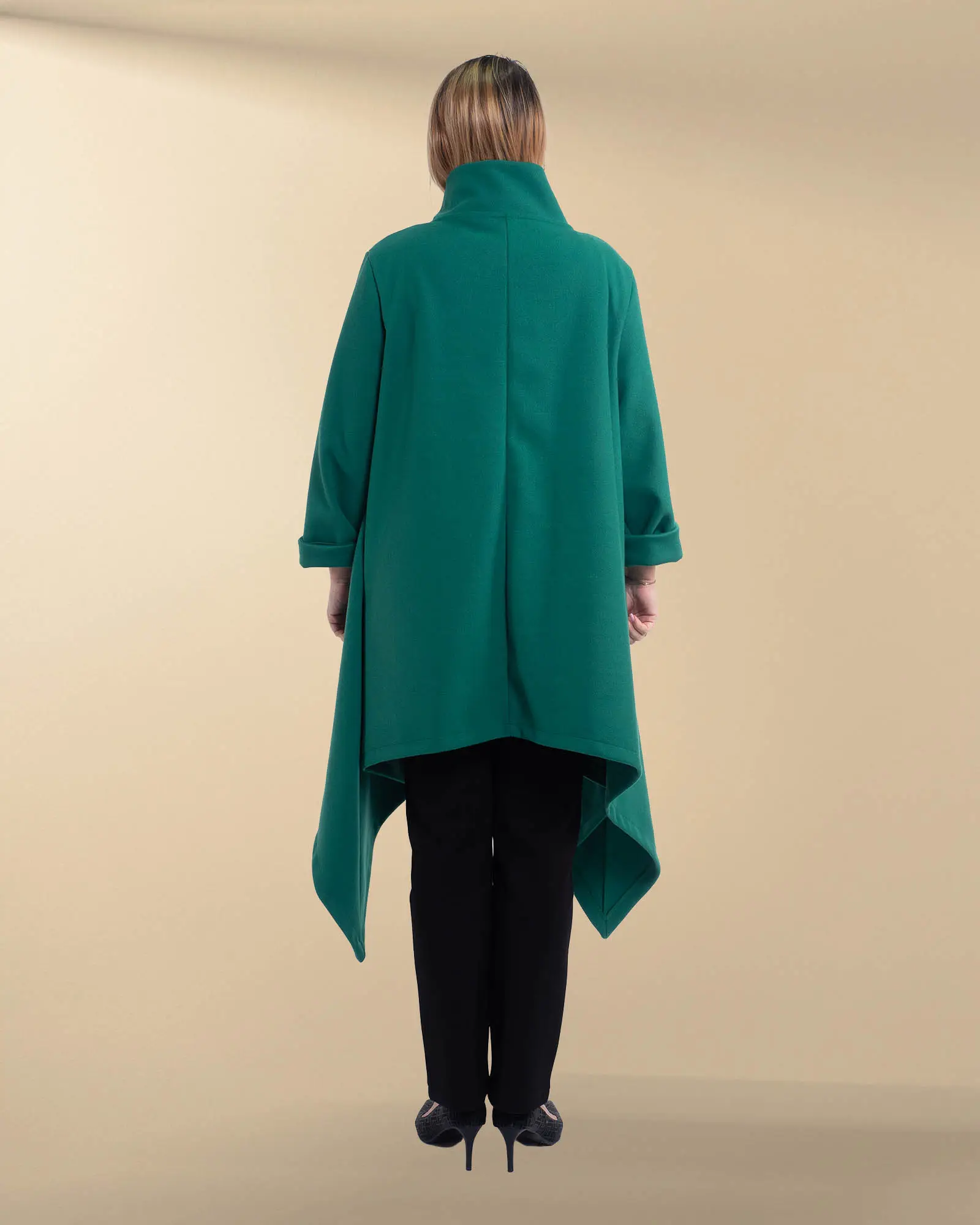 Jachetă palton chic asimetrică verde cu guler tunică [2]