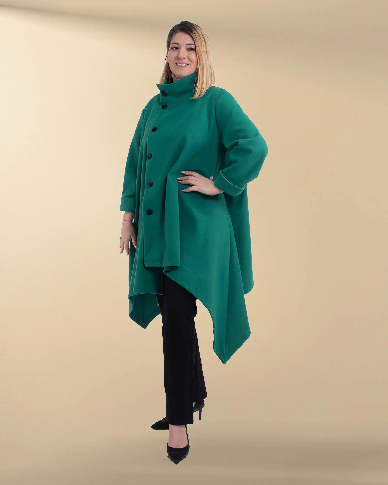 Jachetă palton chic asimetrică verde cu guler tunică [3]