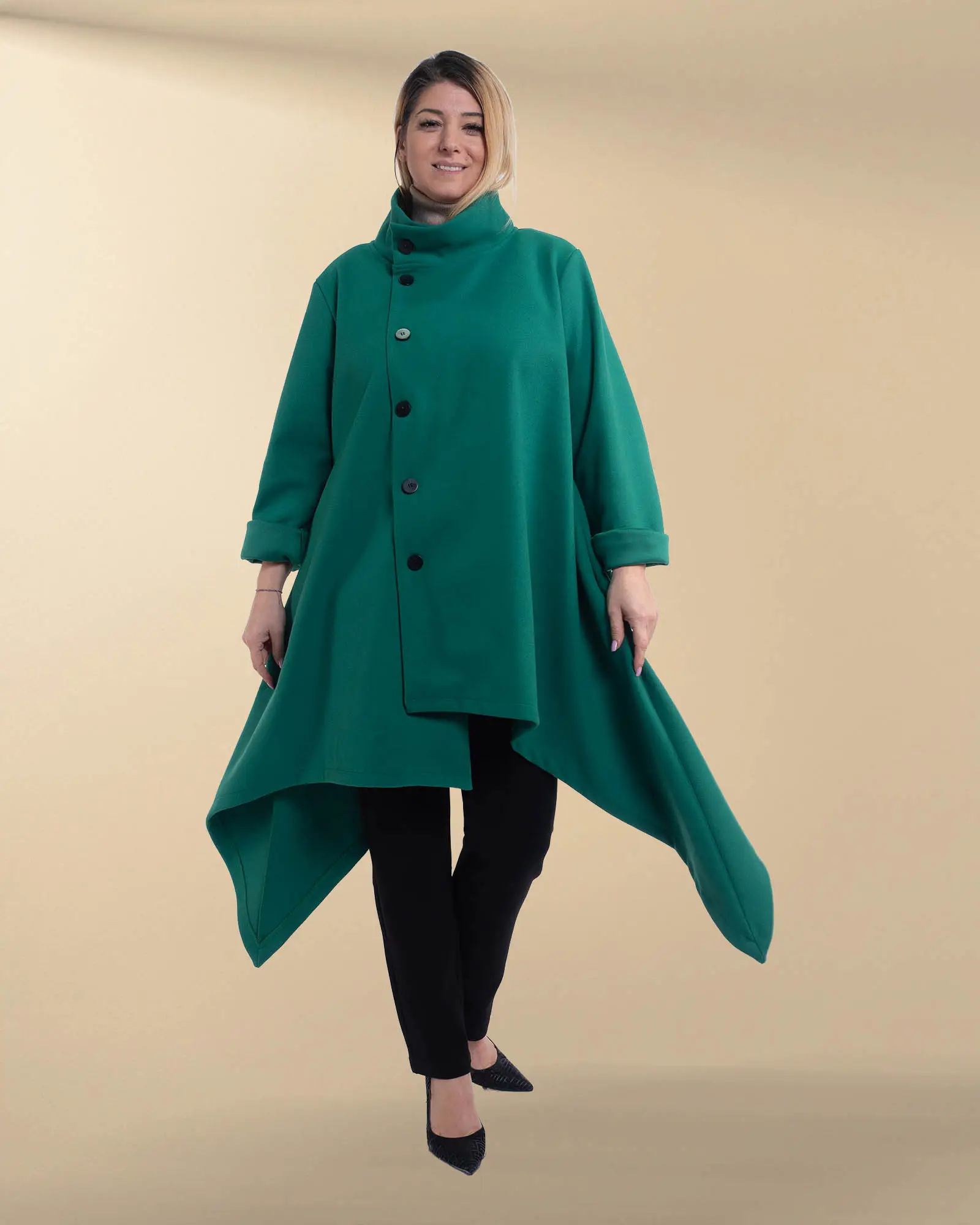 Jachetă palton chic asimetrică verde cu guler tunică [1]