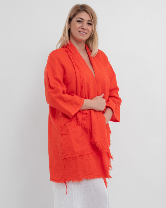 Jacheta portocalie oversized din in, asimetrica cu margini franjurate [3]