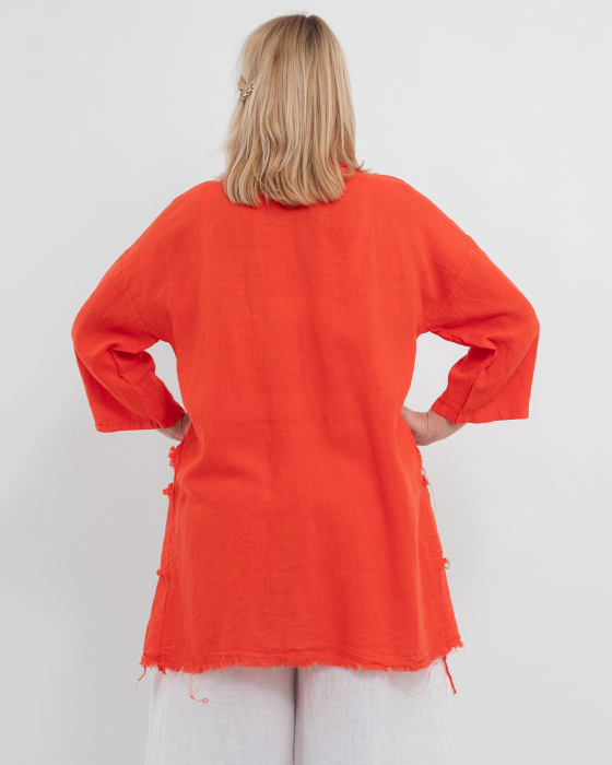 Jacheta portocalie oversized din in, asimetrica cu margini franjurate [2]