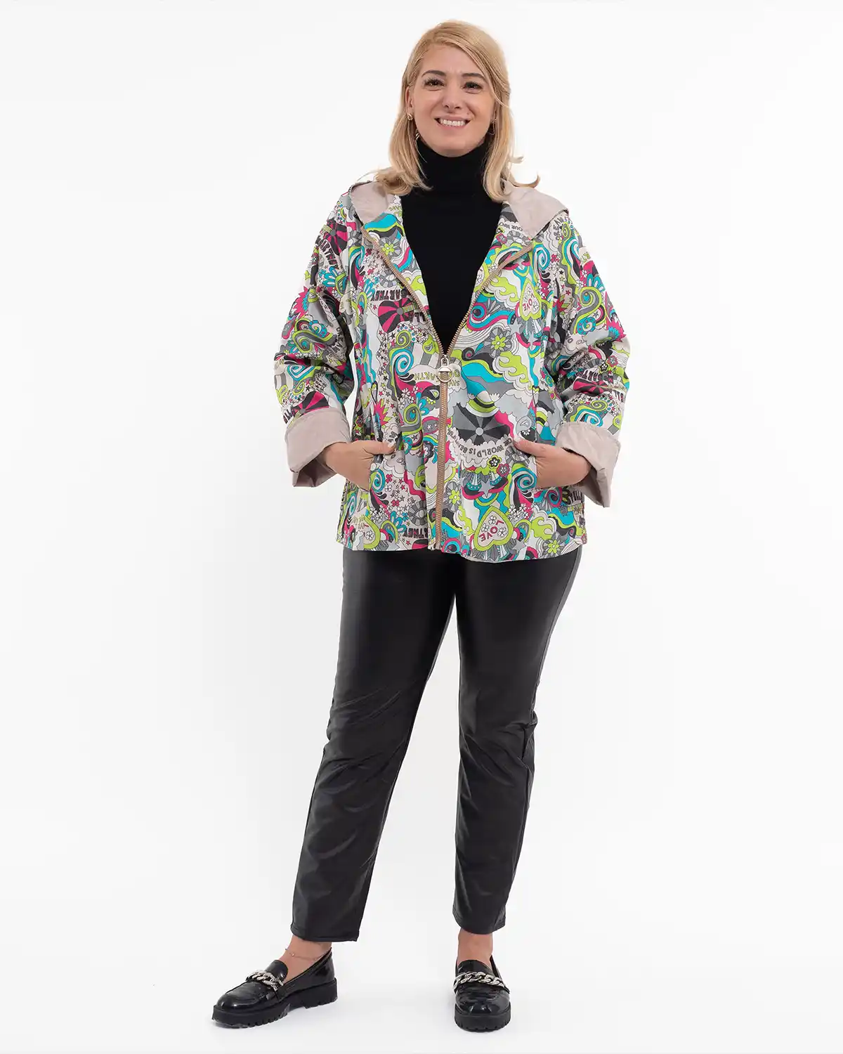 Jachetă subțire de toamnă cu imprimeu abstract multicolor bej [4]