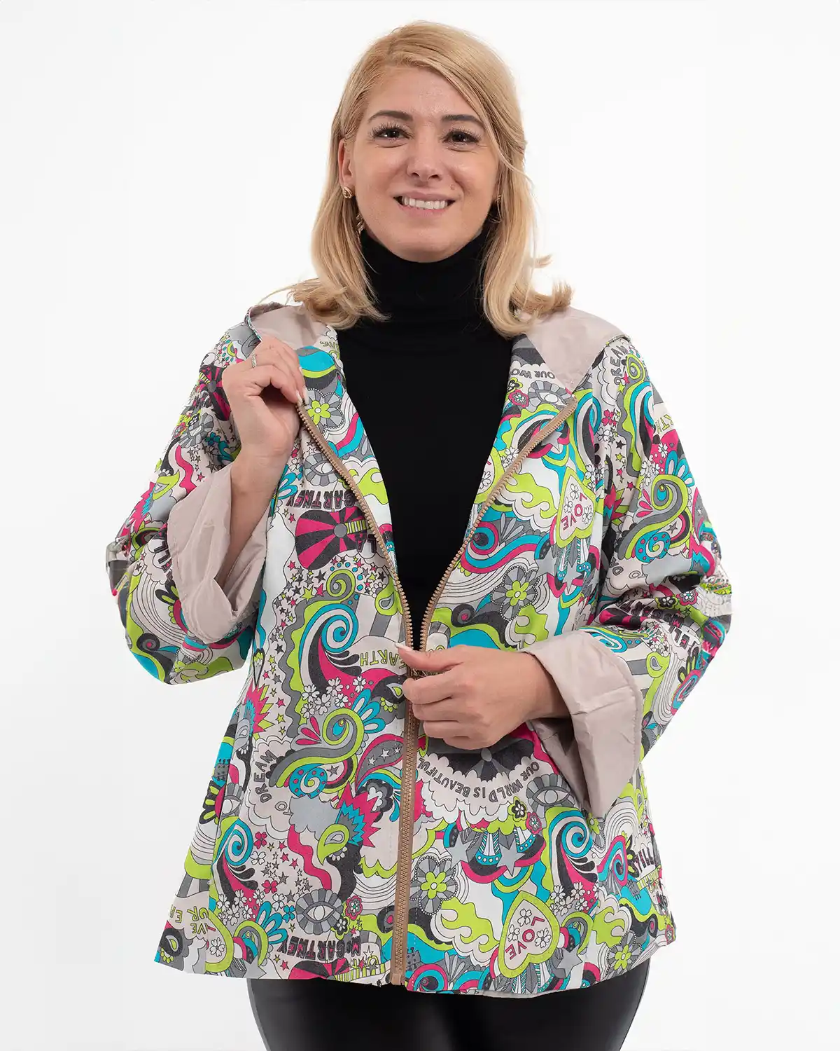 Jachetă subțire de toamnă cu imprimeu abstract multicolor bej [1]
