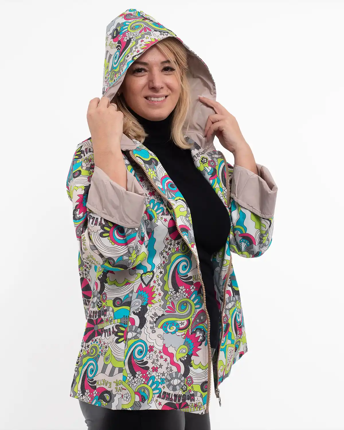 Jachetă subțire de toamnă cu imprimeu abstract multicolor bej [3]