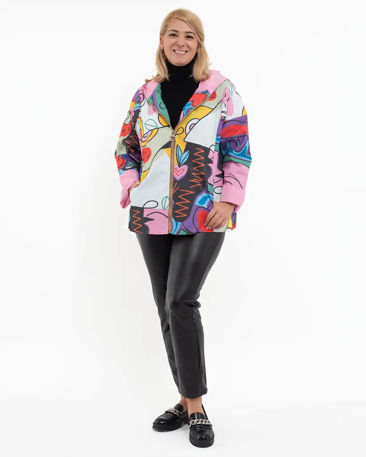 Jachetă subțire de toamnă cu imprimeu abstract multicolor roz [3]