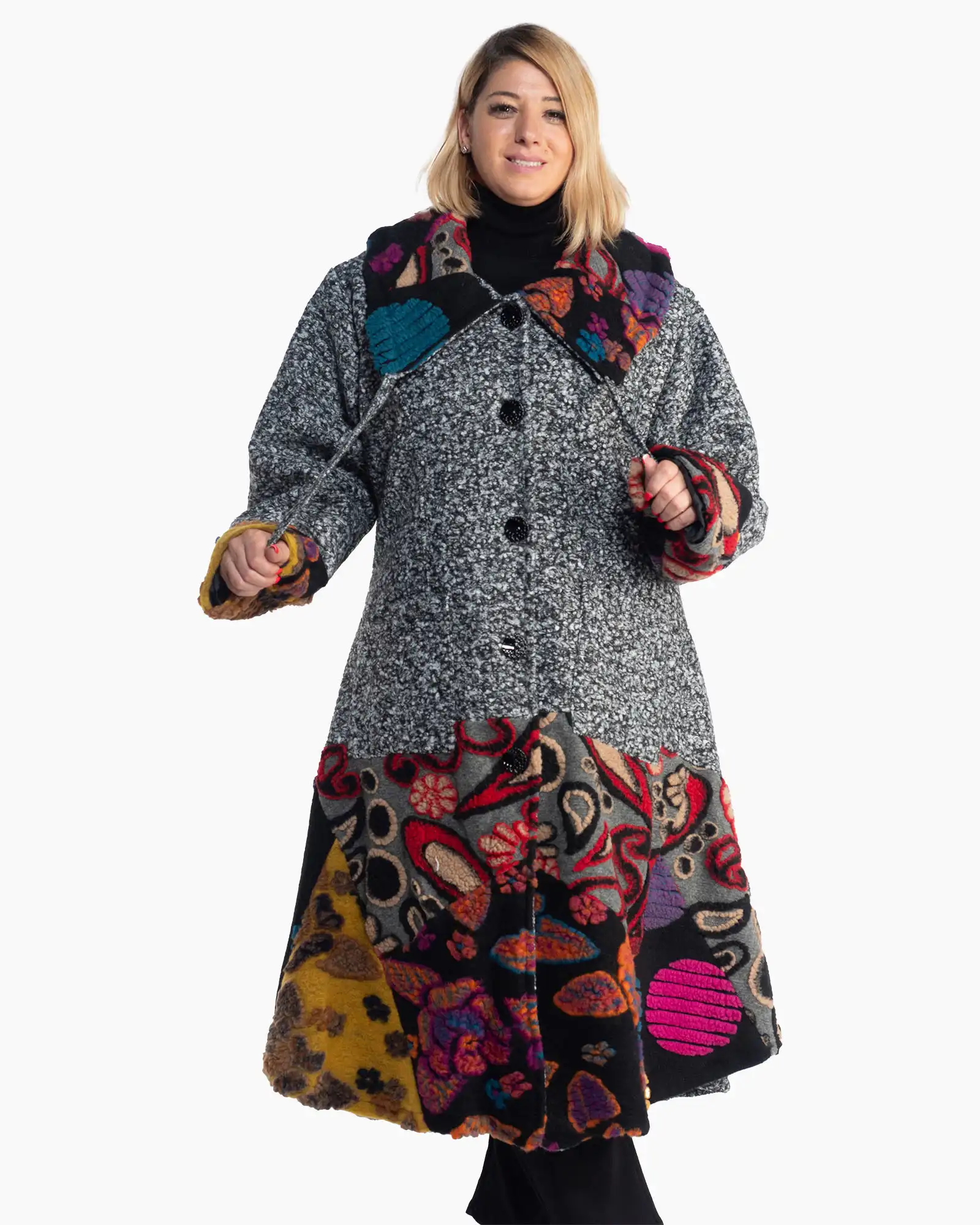 Palton gri lung din lână, cu imprimeu patchwork în stil boho [3]