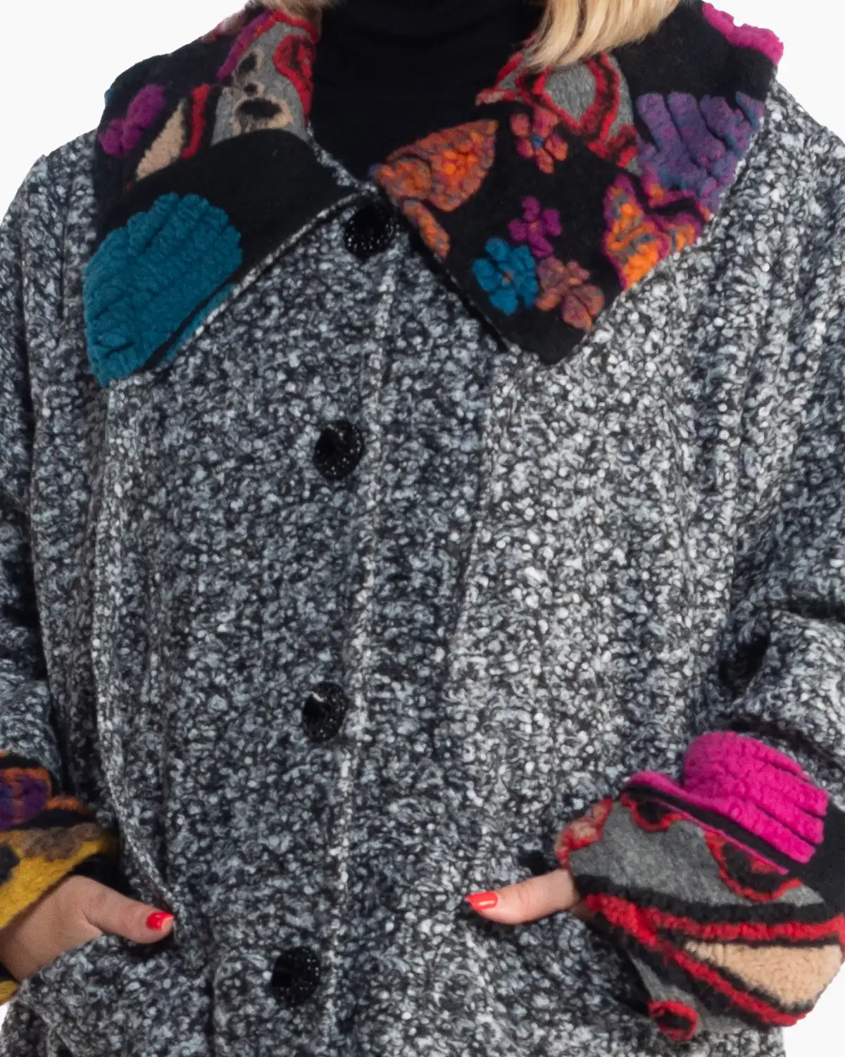 Palton gri lung din lână, cu imprimeu patchwork în stil boho [5]