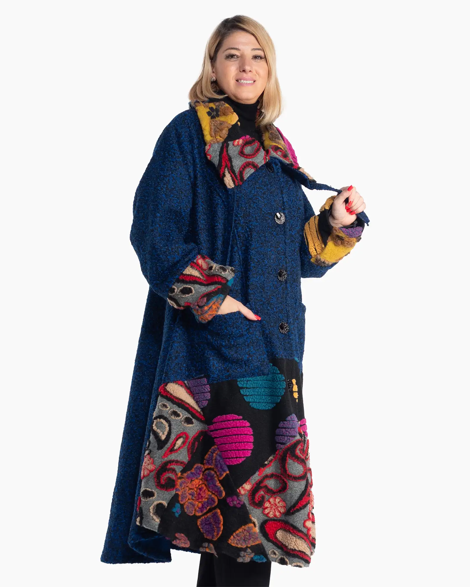 Palton lung boho bleumarin din lână cu imprimeu artistic [3]