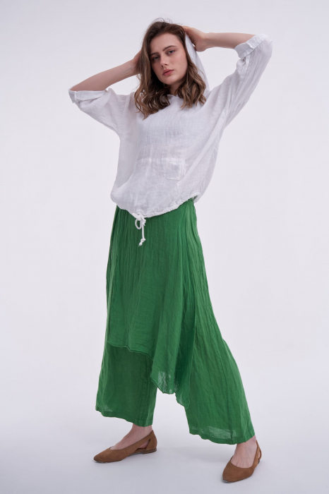 Pantalon din in cu design petrecut, verde [2]
