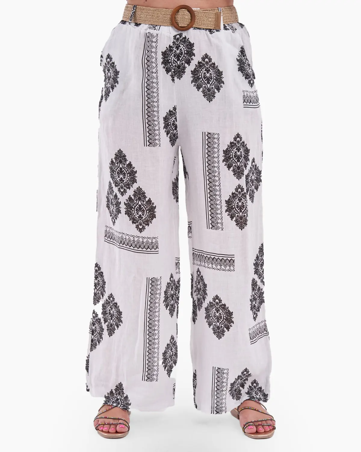 Pantaloni albi din in cu imprimeu negru [5]