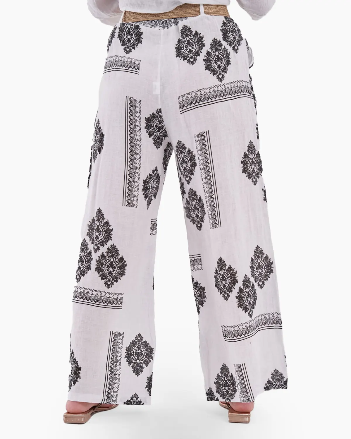 Pantaloni albi din in cu imprimeu negru [2]