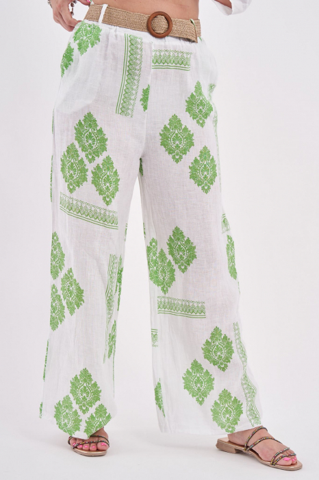 Pantaloni albi din in cu imprimeu verde [3]