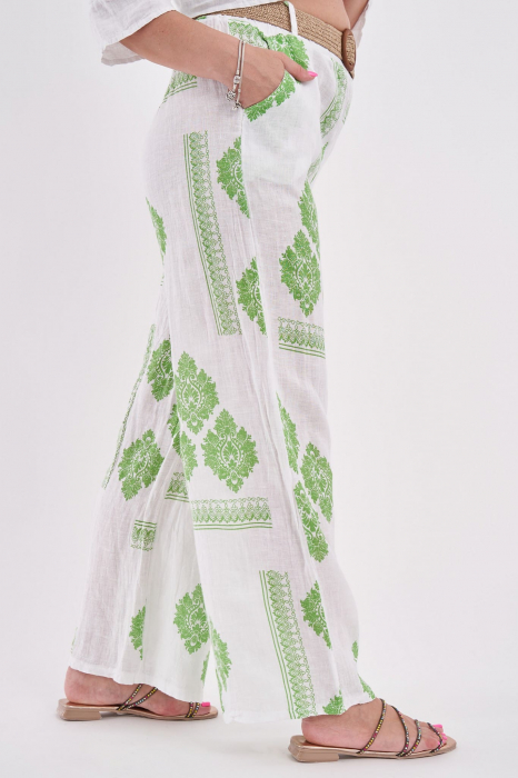 Pantaloni albi din in cu imprimeu verde [2]